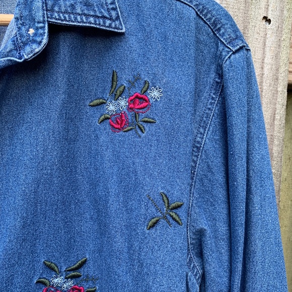 Denim Button Up Embroidered Floral Top - Picture 2 of 5